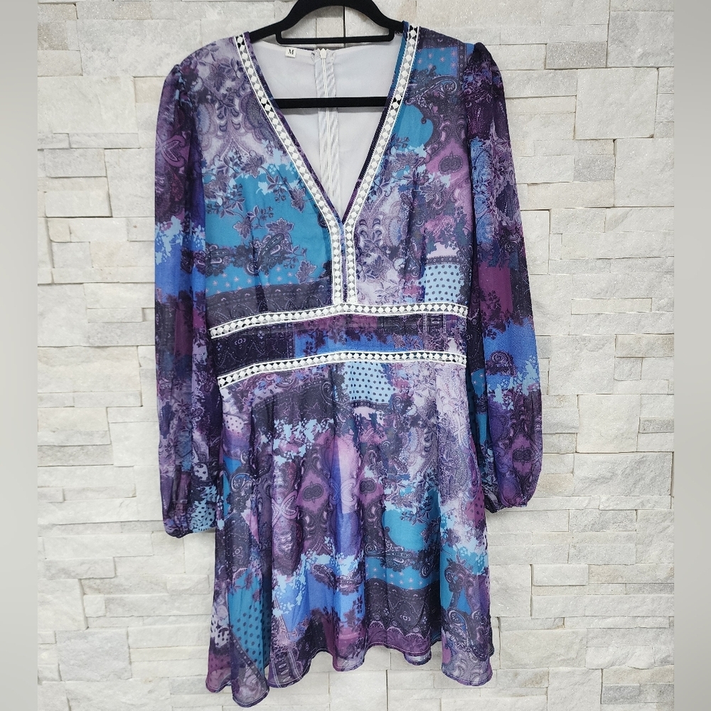 Boho Floral Paisley Print Lace Trim Dress - Picture 7 of 8